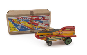 Winner-23 Rocket Ship Space Car; Battery powered, by KDP Kyodo, Japan, 1950's; in original box. (Green rubber track is present, but has deteriorated). Box length: 15cm (6").