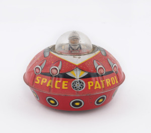 SPACE PATROL tinplate wind-up space ship by Takatou, Japan; circa 1960s. Width: 12cm (4.75").