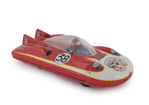PININ FARINA No.38 Space Car, friction-driven tin-plate toy with rubber wheels and plastic hood over the cockpit; 1960s, made by Weather Bird, Japan. Length: 25.5cm (10").