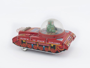 BUMP'N GO SPACE EXPLORER lithographed tin-plate wind-up toy by Yoshiya, Japan; circa 1960. Length: 15cm (6").