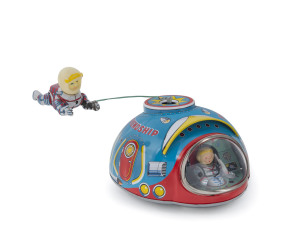 FRIENDSHIP No.7 space capsule with circling astronaut, by Modern Toys / Masudaya, Japan, 1963. Height (to top of rotating figure): 14.5cm (5.75").