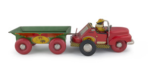 LION CHILD TRANSPORTATION TRUCK and TRAILER, made by Marusan Japan (marked SAN under trailer), unusual right hand drive cab with wagon style trailer and driver in position. Both sections with oval logo "CHILD TRANSPORTATION WEST - USA CO. TEL. 5113". When connected, Length: 46.5cm (18.5").