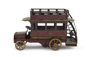 LEHMANN'S AUTOBUS NO. 590, Germany, circa 1925, tinplate double decker bus, lithographed in red, white and yellow, featuring driver and steering wheel, the spiral stairs lead to the roof fitted with four bench seats. Length: 20cm (8").