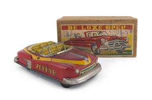 De Luxe Open "Zephyr" convertible by Yonezawa, 1950s. Tin plate, lithographed, friction driven in rare original box with colourful top label. Length: 28cm (11").