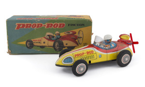 PROP-ROD FRICTION tinplate lithographed racer, friction driven (which also drives the propellor); in original box. Made by Masuya, Japan; circa 1960s. Length: 21.5cm (8.5").