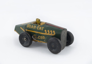 Bear Cat Racer No.8 by Girard; wind-up tinplate car with driver, black metal wheels and yellow lettering on green background. Circa 1920's. Length: 16.5cm (6.5").