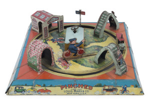 VINTAGE 1930s LOUIS MARX & CO "PINCHED" WIND-UP TIN LITHO TABLE-TOP TOY The toy originally sold for 98¢ and was available for only several months through the Sears Winter catalogue. Its low production numbers were most likely due to the complexity of the toy. It's not your "basic" circular toy. The vehicle speeds through four obstacles including a brick tunnel, a police station, and two pedestrian crossovers with a male and female figure on each.