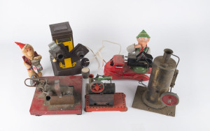 Balance of a toy consignment with 1950s Visual Toys (Australia) "Cine Depth" 3-D projector with original box, Elmar Products clockwork musical monkey with cymbals and beating drum, German made spring-action puppet of Austrian man imbibing (drinking vessel missing), 1950s toy tow-truck, plus 1920s-50s stationary steam engines (3) comprising small Mamod engine on base, large (26cm high) vertical steam engine witth brass boiler on a wooden base, plus a damaged horizontal engine on metal base;