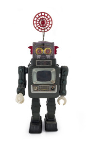 VINTAGE BATTERY OPERATED ALPS TV ROBOT SPACEMAN, metal and plastic; the twin battery doors in plastic and marked "UM - 1"; circa 1960s. With chain and antenna, which is often absent. Height: 37cm (14.5").