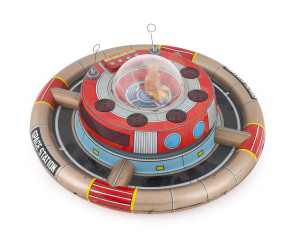 "Space Station" by Nomura (Japan, T-N trademark on base), battery operated with characteristic unusual movement, flashing light and spinning cockpit, antennae intact, c.1960s. Diameter 25.5cm (10").