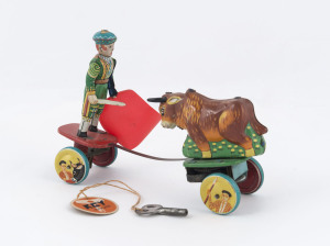 Bull and Matador Bullfight tinplate windup toy (with key); marked "JAPAN"; circa 1950s. Length: 17cm (6.75").