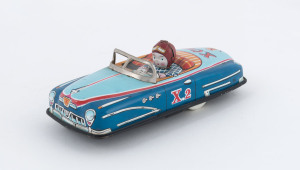 "X.Car" model "X2" tin-plate wind-up car, marked "JAPAN" with maker's cachet in oval alongside. c.1950. Length 14.5cm (5.5").
