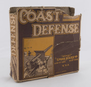 "Coast Defence" wind-up tinplate toy by Louis Marx & Co (USA), the wind-up mechanism concealed within a defence building which has a metal rod extending from the roof allowing a detachable zeppelin to circle above, in the foreground are three manned gun s - 2