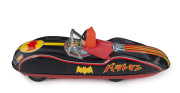 MASUDAYA / MODERN TOYS BATMOBILE. This circa 1960s Batmobile is tinplate litho, with rubber, friction driven wheels and a vinyl Batman driving with his vinyl cape flapping in the wind behind him. Length: 32cm (12.5"). - 3