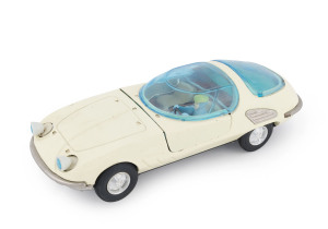 BANDAI battery operated Chevrolet Corvair Bertone with driver, the blue tinted canopy & rear window unusually without cracks, length 32cm (12.5"), battery compartment marked "SIGN OF [B] QUALITY/MADE IN JAPAN", length 32cm (12.5").