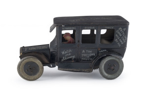 "LEAPING LENA" tinplate lithographed wind-up Dizzie Lizzie novelty car by STRAUSS, New York, circa 1920s; the driver in place. Length: 21cm (8.25").