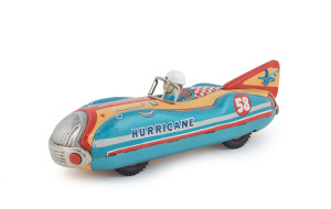 "Hurricane 58" tin-plate friction race car by M.T./Masudaya, circa 1960s. Length: 33cm (13").