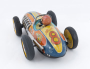 YONEZAWA friction powered "No 8 Rocket" racer, vivid paintwork in orange, yellow, light & dark blue, two tyres replaced otherwise appears to be in original condition, company trade marks at back of car. Circa 1950; length 30cm (12"). Rare. - 2