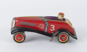 KOHNO KAKUZO wind-up racing car, circa late 1920s, made in Japan with winged "KK" trademark at the back, length 17cm (6.75").