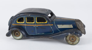 KOSUGE (?) wind-up tinplate 4-door sedan in dark blue, marked "MADE IN JAPAN" at bottom of driver's door, c.1930s, length 18cm (7").