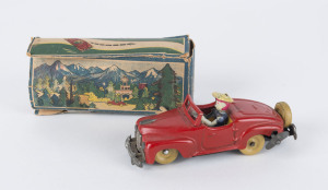 "X Car" wind-up tinplate car with female driver wearing a hat, marked "MADE IN OCCUPIED JAPAN" on the base, with damaged original box, c.1940s, length (car)12cm (4.8"), box 13cm (5.25")
