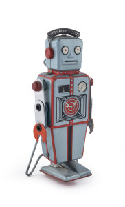 YONEZAWA (LINE MAR) lithographed tinplate robot with easel-back support frame which provides stability when robot is in motion, circa. late 1950s, height 16½cm (6.5").