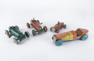 Group of Japanese wind-up tinplate racers comprising 1950 A1 Toys (Japan) "Olympic" racer, (key missing from winder) length 16cm (6.5"); 1930s Kuramochi racers (2) one with multicoloured livery, the other in green, length of each 11cm (4.5"); plus another smaller 10cm (4") car, maker not known. (4 items).