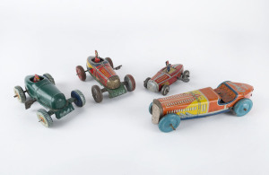 Group of Japanese wind-up tinplate racers comprising 1950 A1 Toys (Japan) "Olympic" racer, (key missing from winder) length 16cm (6.5"); 1930s Kuramochi racers (2) one with multicoloured livery, the other in green, length of each 11cm (4.5"); plus another