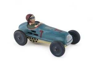 "Hurricane Racer" friction powered racing car by Midoriya Kosuge (Japan), stamped "MADE IN/OCCUPIED JAPAN" on chassis, with box (a tad crumpled) circa late 1940s, length (car) 13cm (5"), box 13.5cm (5.2").