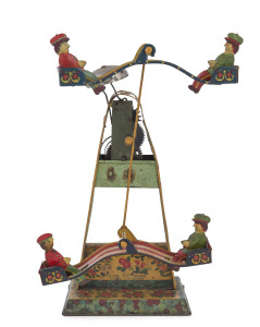 Vintage Kuromachi / CK tinplate lithographed rotating tower, with four riders in two gondolas; a bell ringing as they enjoy the views. Marked "Made in Japan. Patent No. 121735". Height: 20cm (8") approx.