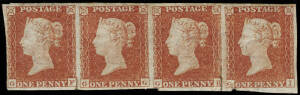 1841 (SG.8a) 1d red-brown, very blue paper, horizontal strip, lettered GF, GG, GH & GI. Good margins, crudely cut into. Full original gum. A tear lower margin between GH & GI, nevertheless a very scarce strip, cat. £2,800.   