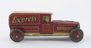 Express truck "penny toy" in lithographed tinplate, German made (George Fisher?), number plate (G.L.169) at rear, spoked tinplate wheels, circa 1930s. Length 15cm (6")