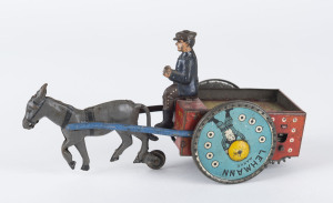 LEHMANN NA-OB vintage donkey-cart and driver, tinplate lithographed wind-up toy with latest US PAtent dated Dec.1913. Length: 16cm (6.25").