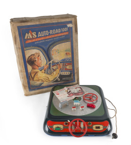 MS AUTO-ROAD 1001 Electric driving instruction toy, "The ideal motor-school for our youngsters with electro-magnetic remote control". Made by Niedermeier in the US Zone, Germany, circa 1950. Complete and in origal large box with instruction