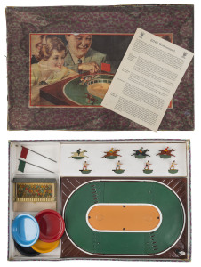 BING tinplate Race Game with oval track 31 x 18.5cm (12.5 x 7.25"), option to have four racehorses or four athletes racing, operated by turning a handle at an optimal level of 70 to 80 rotations of the crank per minute, the course with obstacles which may cause competitors to fall or turn around. Appears complete with spectator stand with lithographed spectators, two flags; comes with instructions in German, English, French & Spanish, box size 45 x 29cm (17.5 x 11.75")