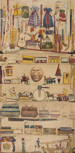 PAGES FROM A TOY CATALOGUE A remarkable group of seven hand-coloured and varnished albumen paper photographs (each approx. 14.5 x 18.5cm), laid down in a group of 4 and vertically in a group of 3 on two backing sheets. Circa 1880s, they appear to be illustrations for a catalogue of a range of toys and other amusements for children, probably as carried by a travelling salesman.