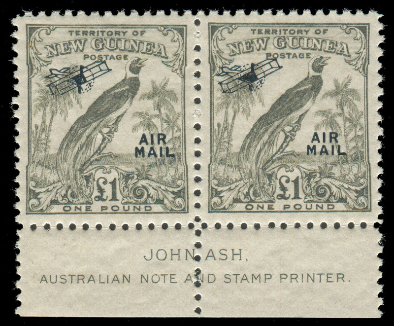 NEW GUINEA: 1932 (SG.203) £1 Undated Bird Airmail, Ash Imprint pair, tiny gumside tone spot left unit, otherwise superb MVLH.