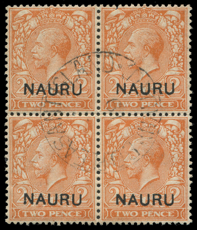 NAURU: 1916-23 (SG.5) Overprints on GB (at base) KGV 2d orange Die II, pinhole a single tonespot upper-right unit, centrally struck "PLEASANT ISLAND/NAURU" datestamp. Rare multiple, Cat. £400+.