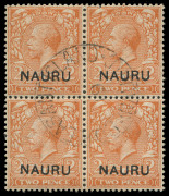 NAURU: 1916-23 (SG.5) Overprints on GB (at base) KGV 2d orange Die II, pinhole a single tonespot upper-right unit, centrally struck "PLEASANT ISLAND/NAURU" datestamp. Rare multiple, Cat. &pound;400+.