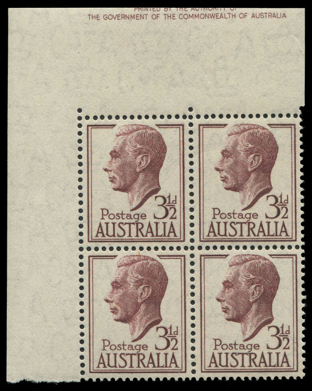 AUSTRALIA: Other Pre-Decimals: 1951-53 (SG.247) 3½d Brown-Purple KGVI upper-left corner block of 4 with "Misplacement of large part of the Authority imprint (upper line partially guillotined) from adjoining pane into the upper sheet margin" BW:226zg varie