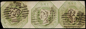 1841 & 1847-54 (SG.14 & 54) 2d blue, with white lines added, horiz. strip of 5, lettered JH to JL, cancelled "186" of Chesterfield, various margins; also, 1/- Embossed light green, horizontal strip of 3 cancelled with barred diamond "39". All units cut in