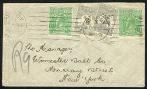 June 1915 usage of 2d Greys (2, one defective - Cat.$400 each, on cover!) in combination with KGV ½d Greens (2) on attractive double-rate cover from Sydney to NEW YORK.