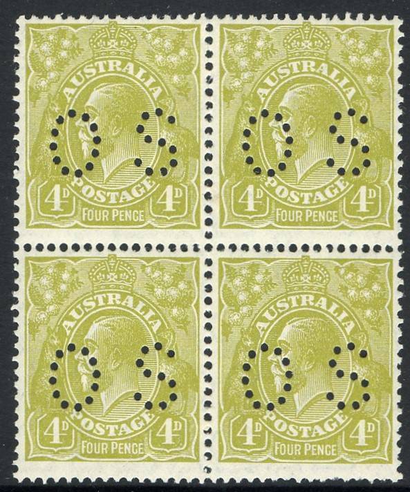 4d Greenish-Olive, perforated OS block of 4; few nibbed perfs at lower right & couple of perf separations, superbly centred. 2 MUH, 2 MLH.