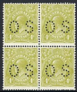 4d Greenish-Olive, perforated OS block of 4; few nibbed perfs at lower right & couple of perf separations, superbly centred. 2 MUH, 2 MLH.