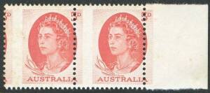 1963-65 (SG.354c) QEII 5d red QE2, horizontal marginal pair, both units showing DRAMATICALLY MISPLACED VERTICAL PERFORATIONS, light gumside edge tones, MUH. BW:402bb - Cat.$500+. (2)