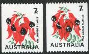 1971 (SG.468bb) 7c Sturt's Desert Pea, variety "Buff omitted" together with a normal stamp for comparison. MUH. (2). Cat.£225. BW:535ce.