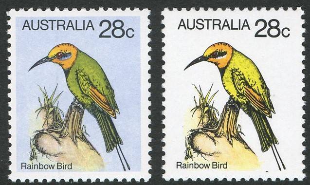 1980 (SG.735 variety) 28c Rainbow Bird with variety "Pale blue omitted"; superb MUH and accompanied by a normal stamp for comparison. (2). BW:816ca - Cat.$400.