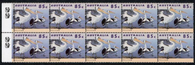 1994 (SG.1367var.) 85c Pelican, marginal block of (10) showing the variety "Doubled printing of AUSTRALIA and 85c" getting progressively stronger from right to left of the block. Superb block also showing the 2 Koala Reprint symbols in the margin. Superb