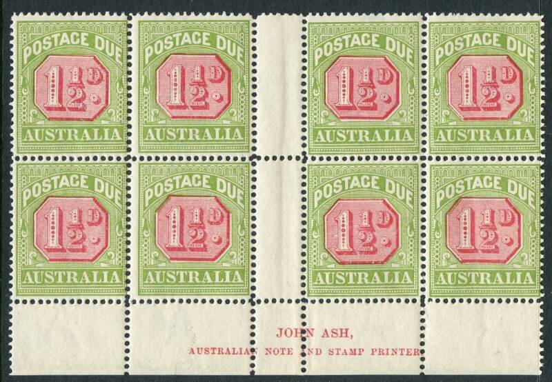 Postage Dues - 1922-31 (SG.D93) 1½d Carmine & Yellow-Green, Ash Imprint blk.(8); mainly MUH and very fresh. BW:D107zb.