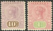 1906-09 (SG.257a & 258) Wmk Crown/A 1/- rose & green P.11 and 10/- mauve & brown, P.12½ Tablets, mint, Cat.£300+. (2)